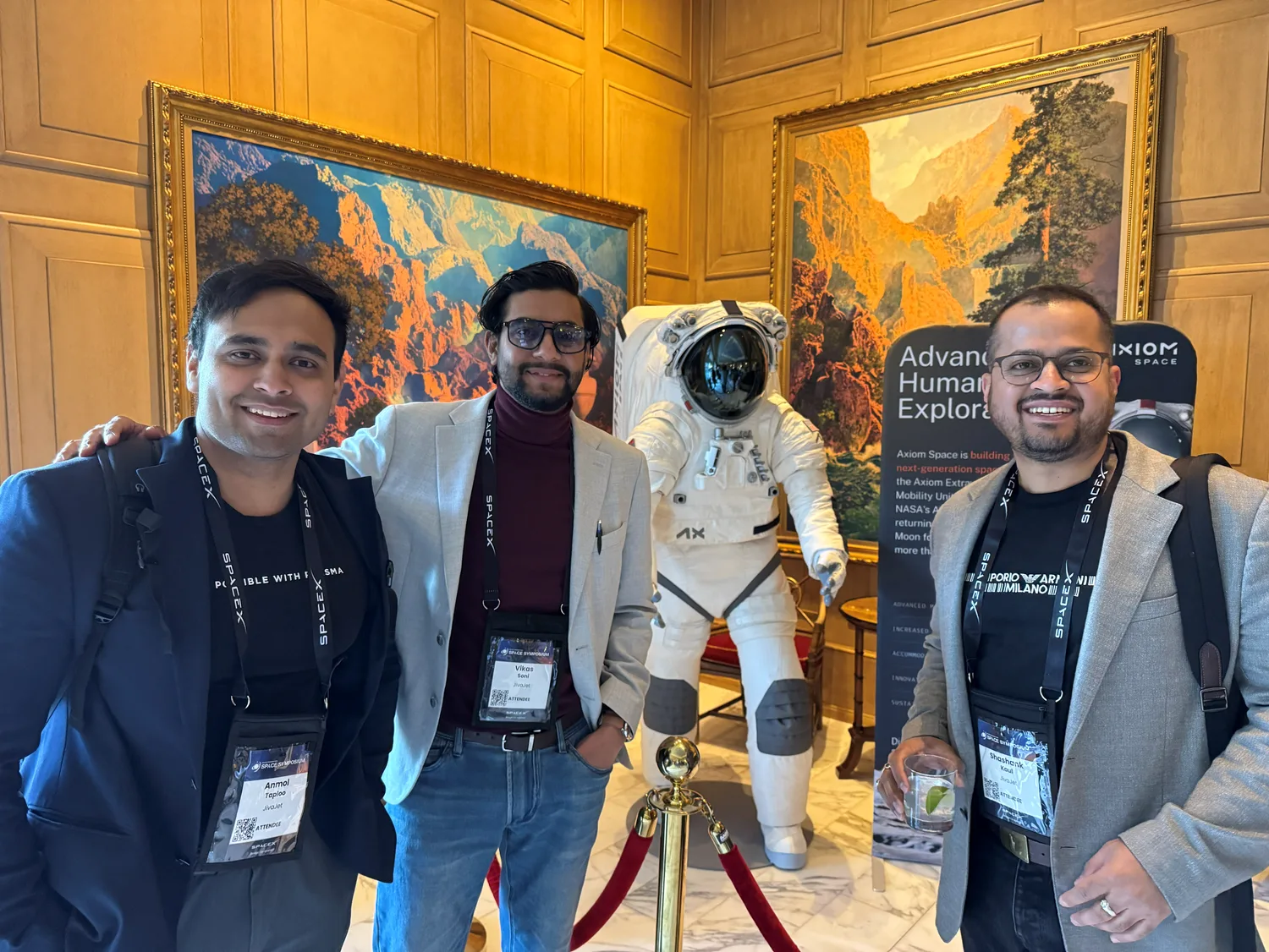 JivaJet team Anmol Taploo, Vikas Soni, and Shashank Kaul at Space Symposium 2026